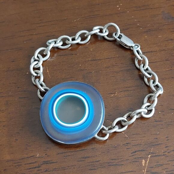 OOAK Bezel Set Chunky Round Glass  Charm On Sterling Silver Chain Bracelet - Picture 1 of 6